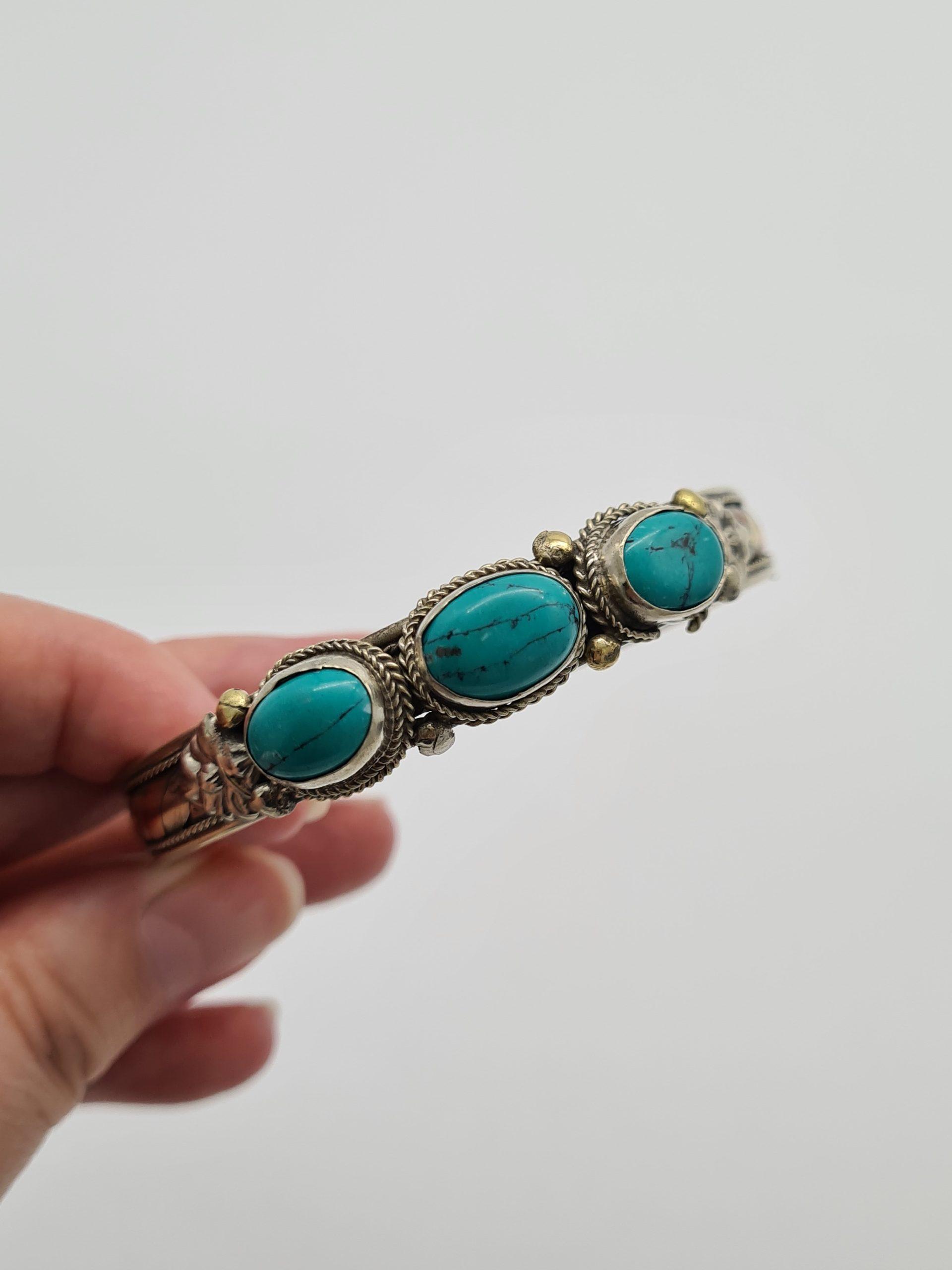 Turquoise Three Metal Cuff Bracelet Bangle - Image 2
