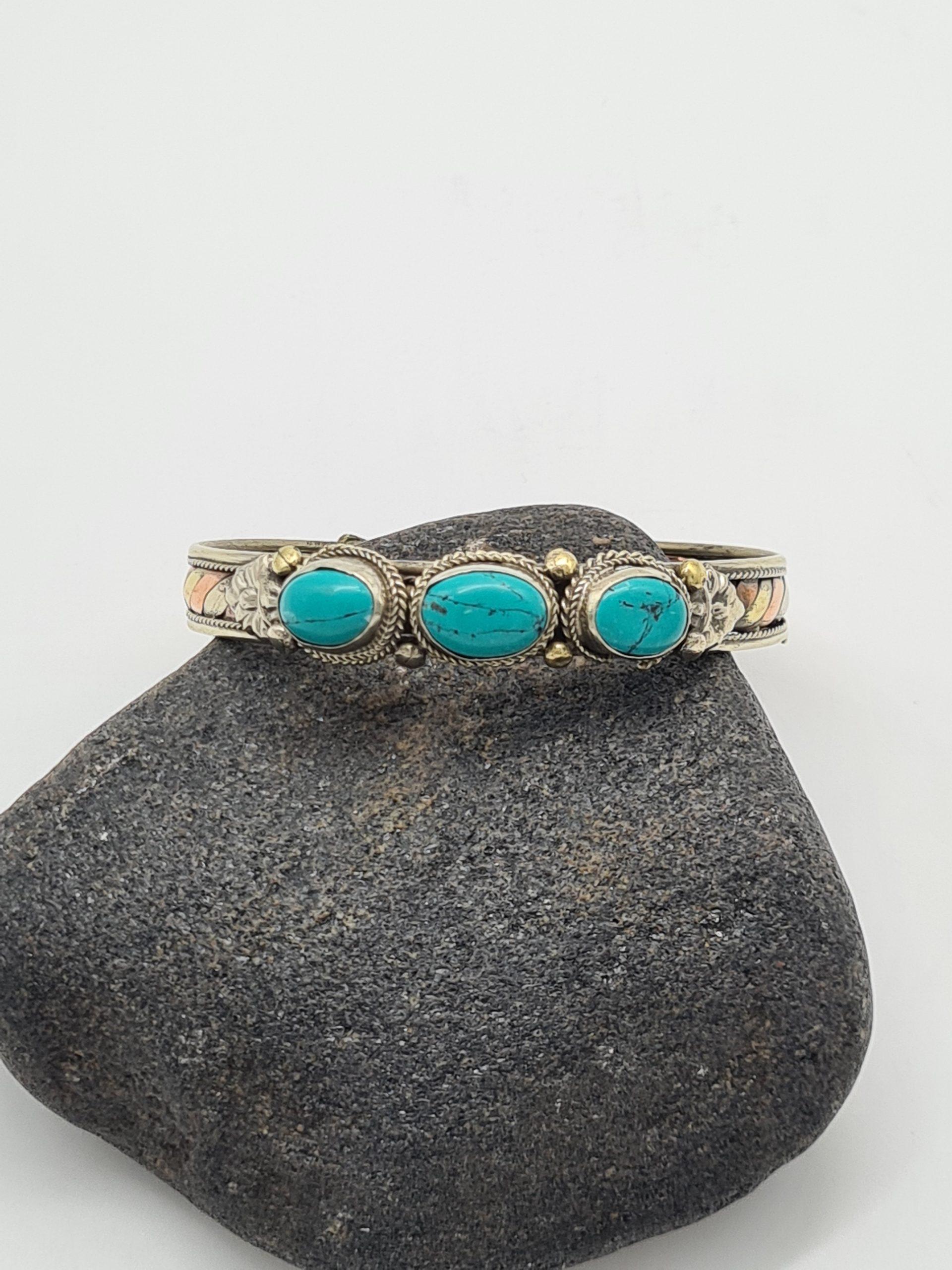 Turquoise Three Metal Cuff Bracelet Bangle - Image 5