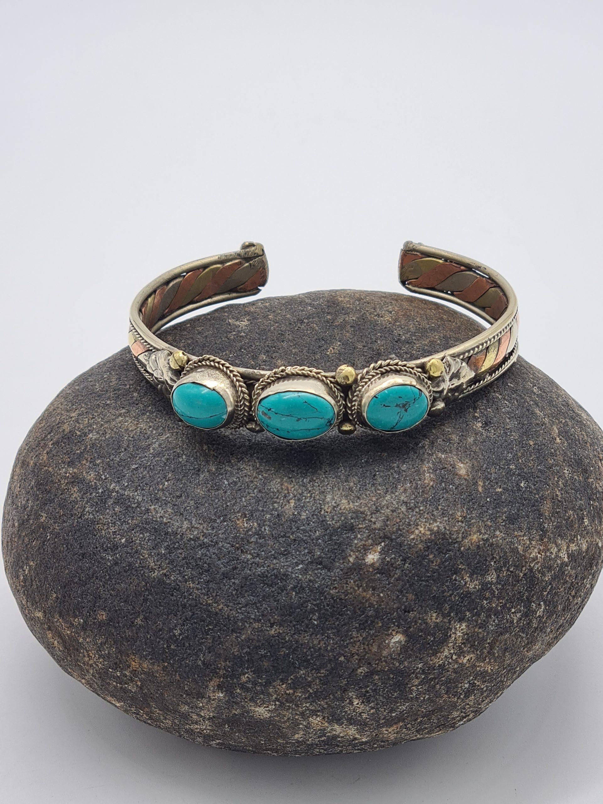 Turquoise Three Metal Cuff Bracelet Bangle