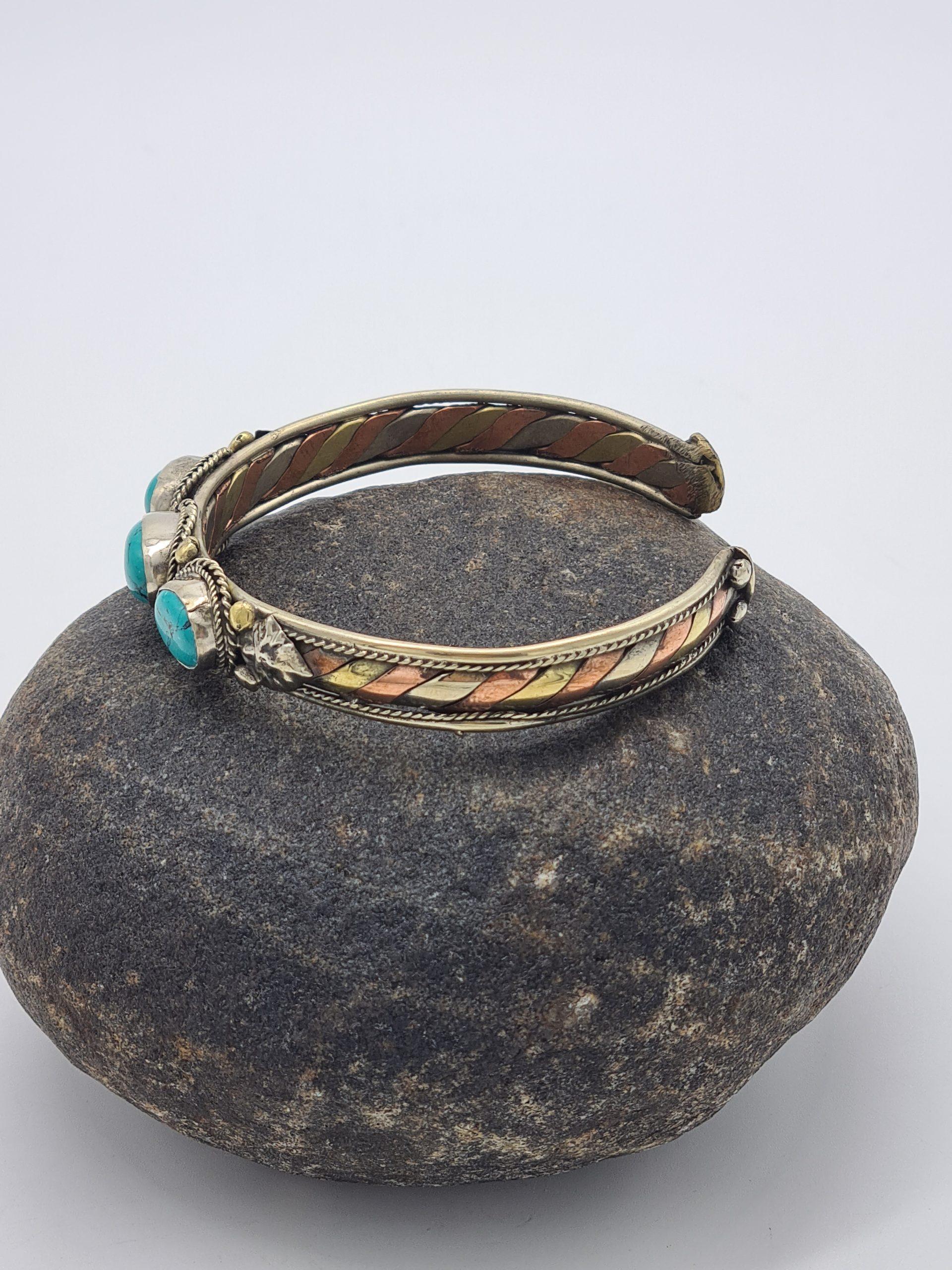 Turquoise Three Metal Cuff Bracelet Bangle - Image 4