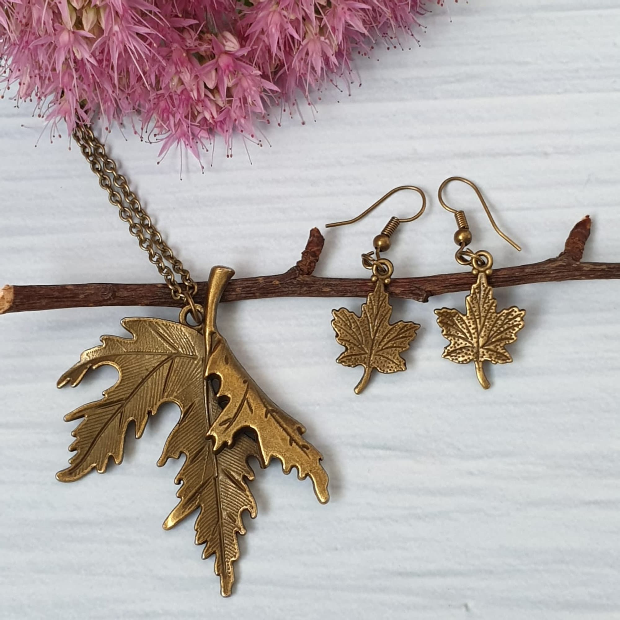 Maple Leaf Necklace And Earrings, Bronze Leaf, Halloween Autumn Jewellery, Nature Lover, Bohemian Pendant/Earrings, Autumn Gift - Image 3