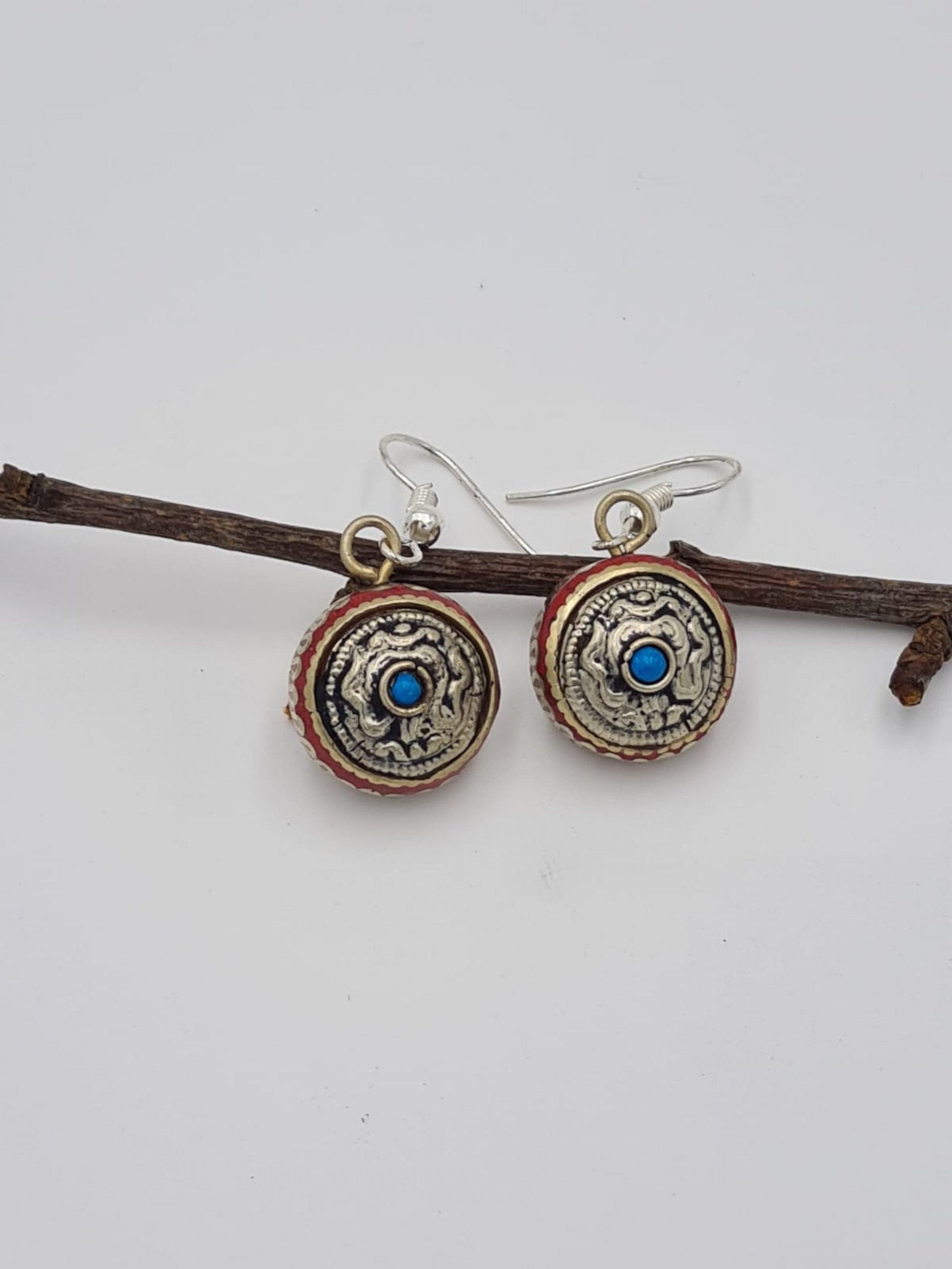 Ethnic Boho Round Earrings, Nepalese Hoop Earrings, Turquoise Coral Lapiz lazuli Earrings, Boho Gypsy style, Statement Earrings
