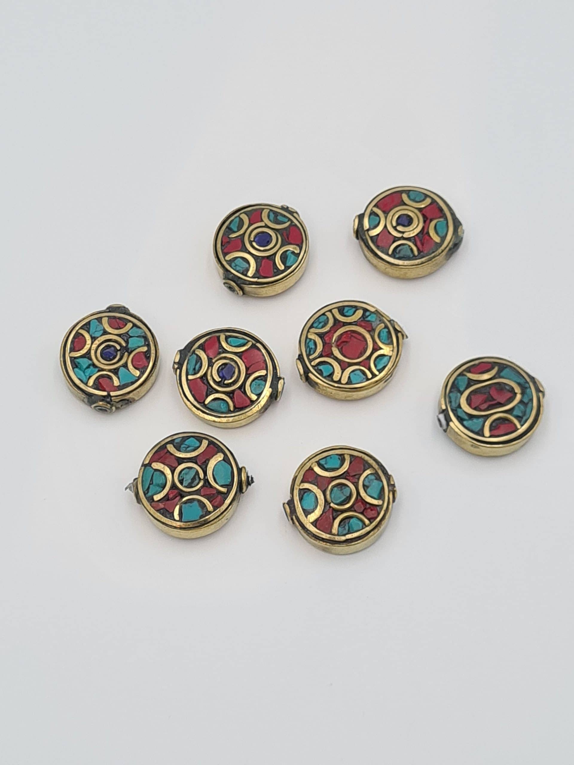 Nepalese/Tibetan Brass Beads, Pair Of Beads, Ethnic Tribal Beads, Turquoise, Coral, Lapiz Charms, Jewellery Making Beads - Image 9