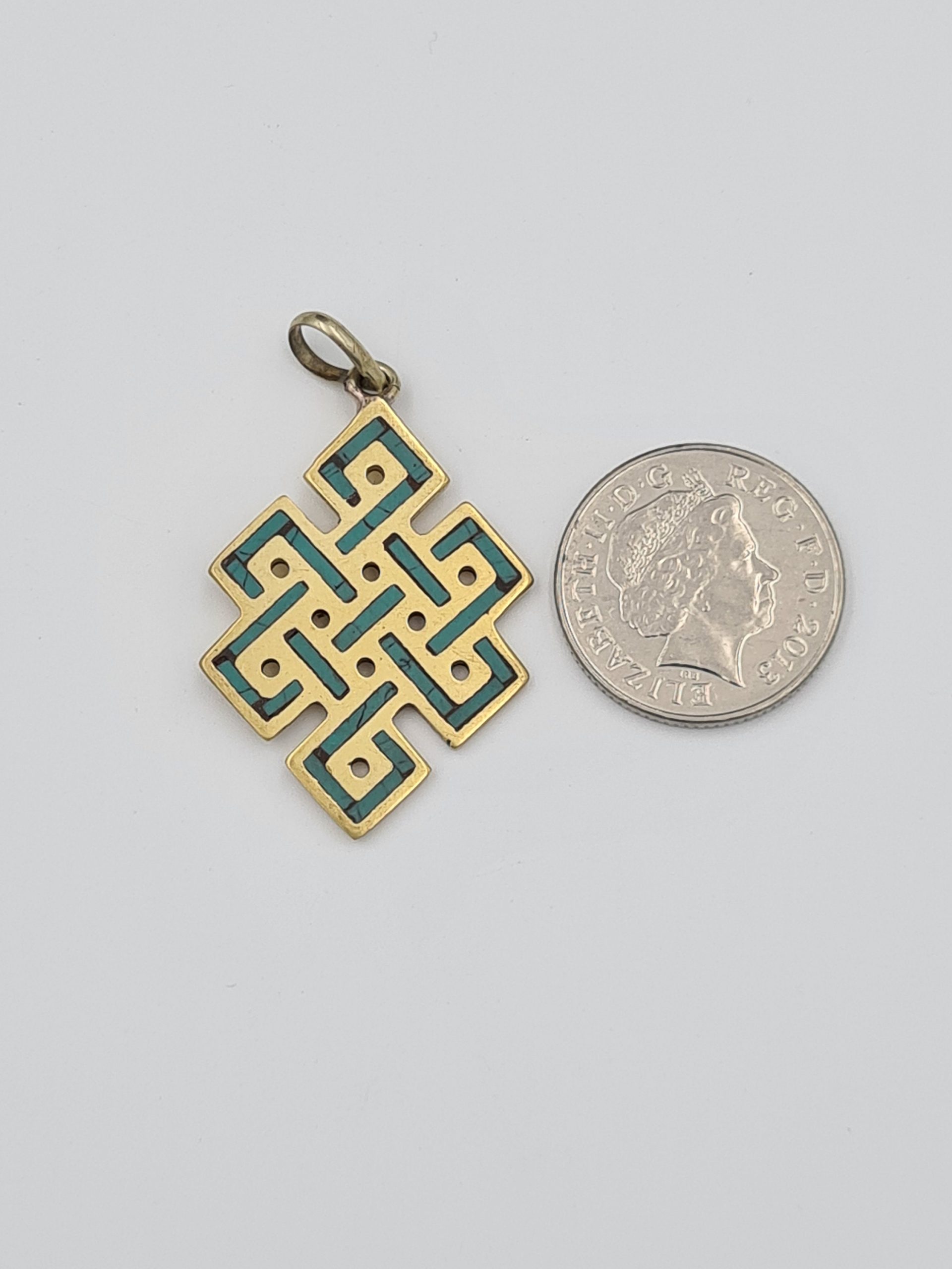 Tibetan Endless Knot Pendant, Turquoise Pendant, Nepalese Ethnic Jewellery, Gypsy Boho Style, Turquoise Inlay, Concentric Circles design - Image 7