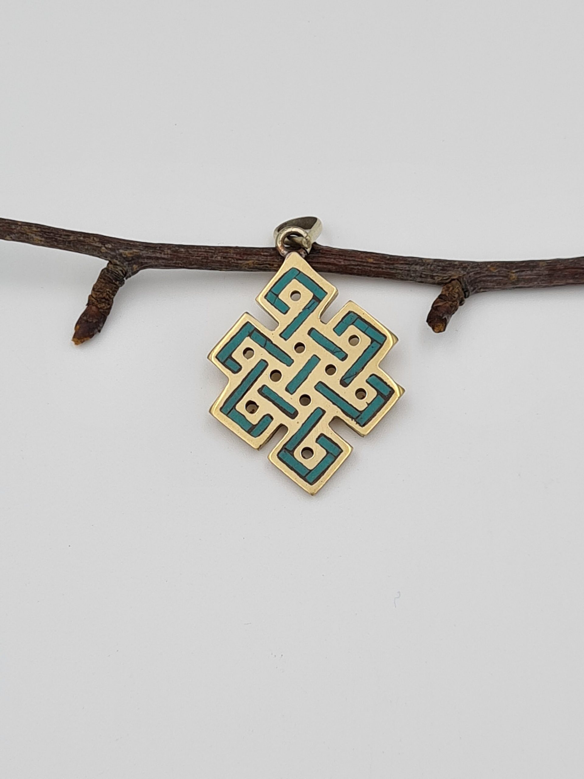 Tibetan Endless Knot Pendant, Turquoise Pendant, Nepalese Ethnic Jewellery, Gypsy Boho Style, Turquoise Inlay, Concentric Circles design