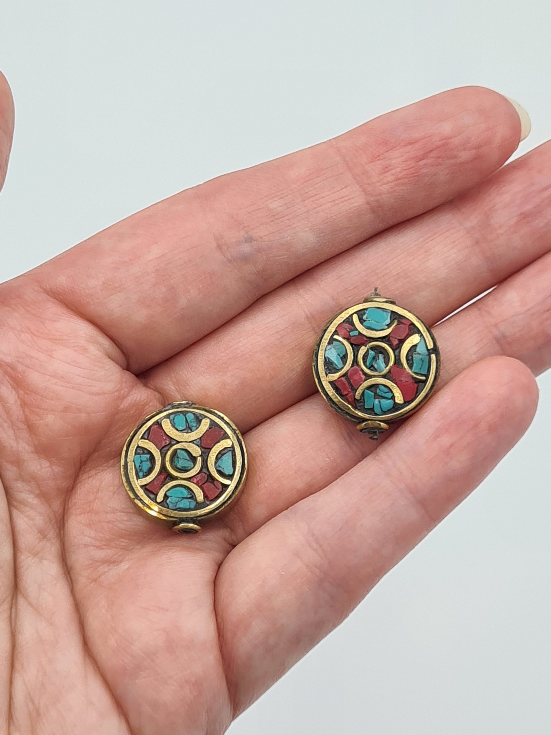 Nepalese/Tibetan Brass Beads, Pair Of Beads, Ethnic Tribal Beads, Turquoise, Coral, Lapiz Charms, Jewellery Making Beads - Image 3