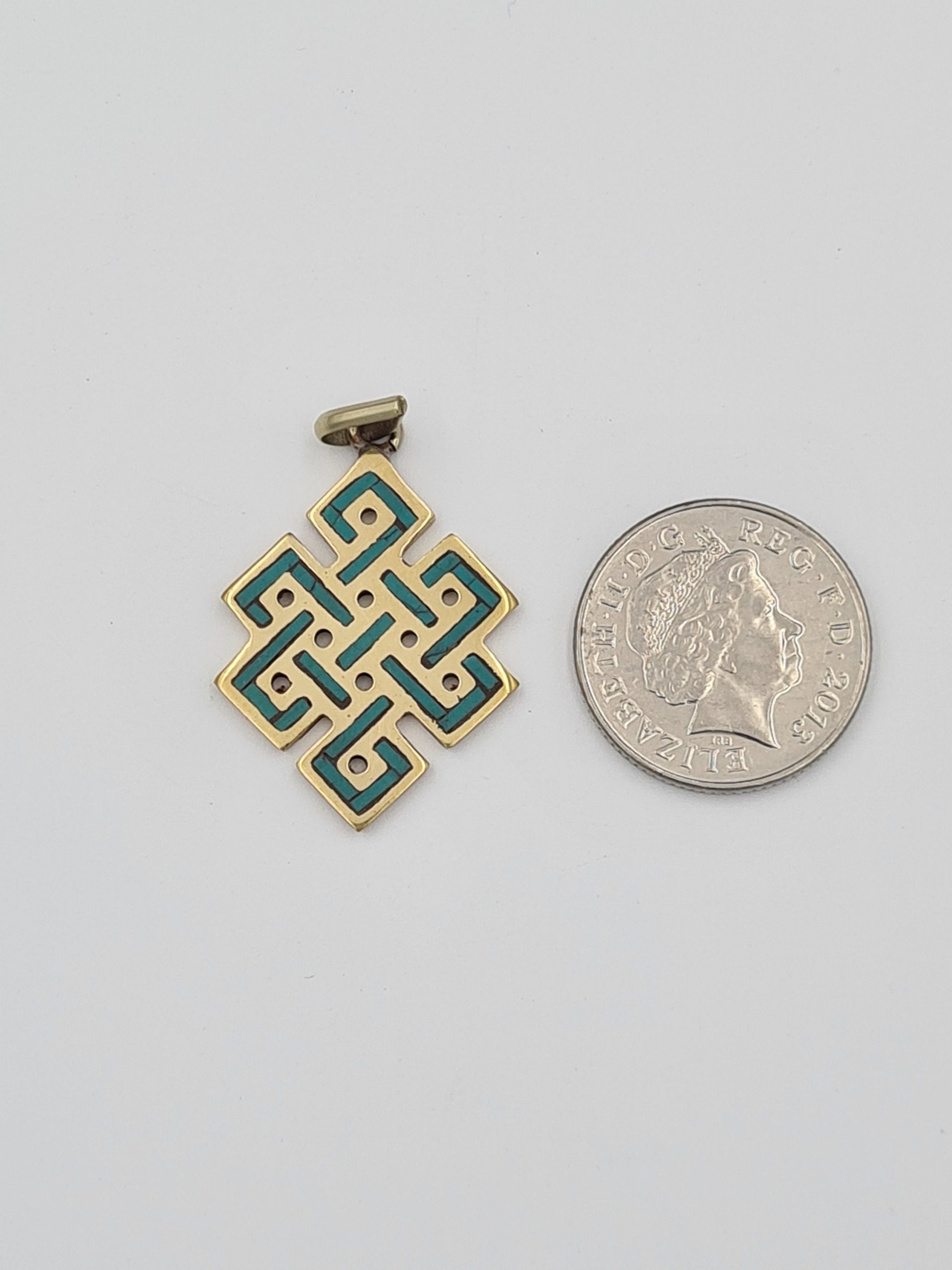 Tibetan Endless Knot Pendant, Turquoise Pendant, Nepalese Ethnic Jewellery, Gypsy Boho Style, Turquoise Inlay, Concentric Circles design - Image 6