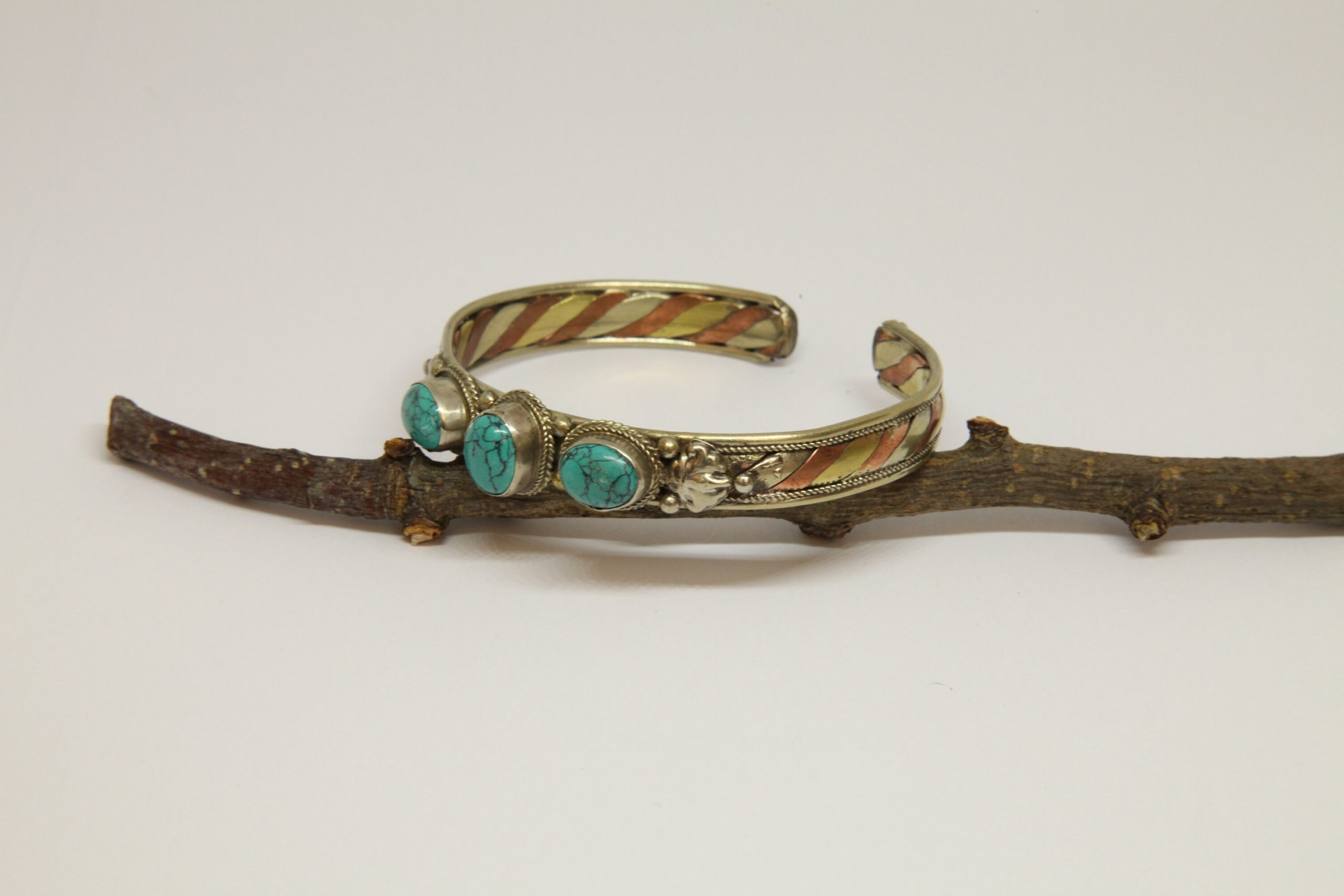 Mixed Metal Turquoise Bracelet Bangle, Nepalese Bracelet, Tribal Ethnic Open Cuff Bracelet, Boho Rustic Style, Gift for Her - Image 3
