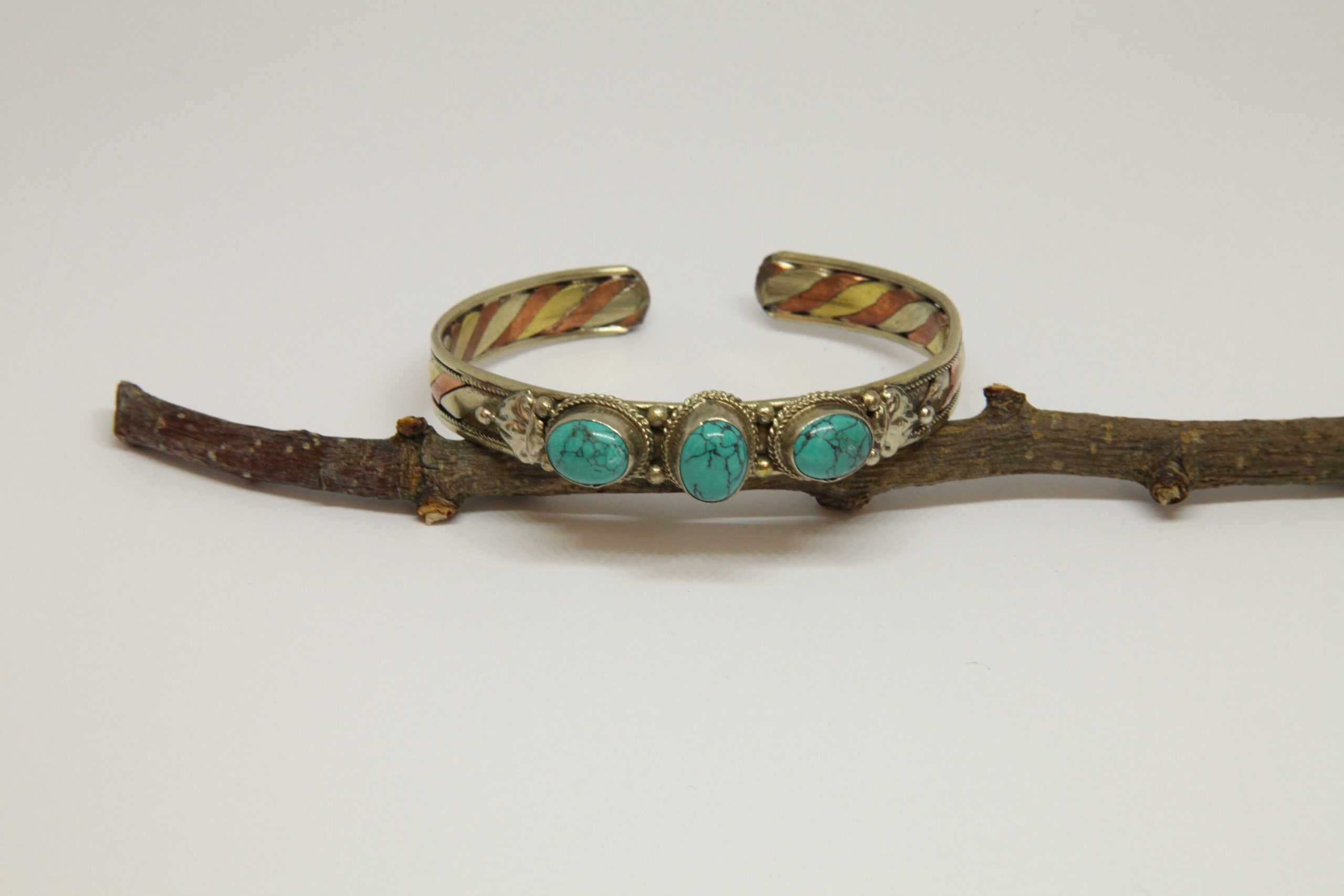 Mixed Metal Turquoise Bracelet Bangle, Nepalese Bracelet, Tribal Ethnic Open Cuff Bracelet, Boho Rustic Style, Gift for Her - Image 2