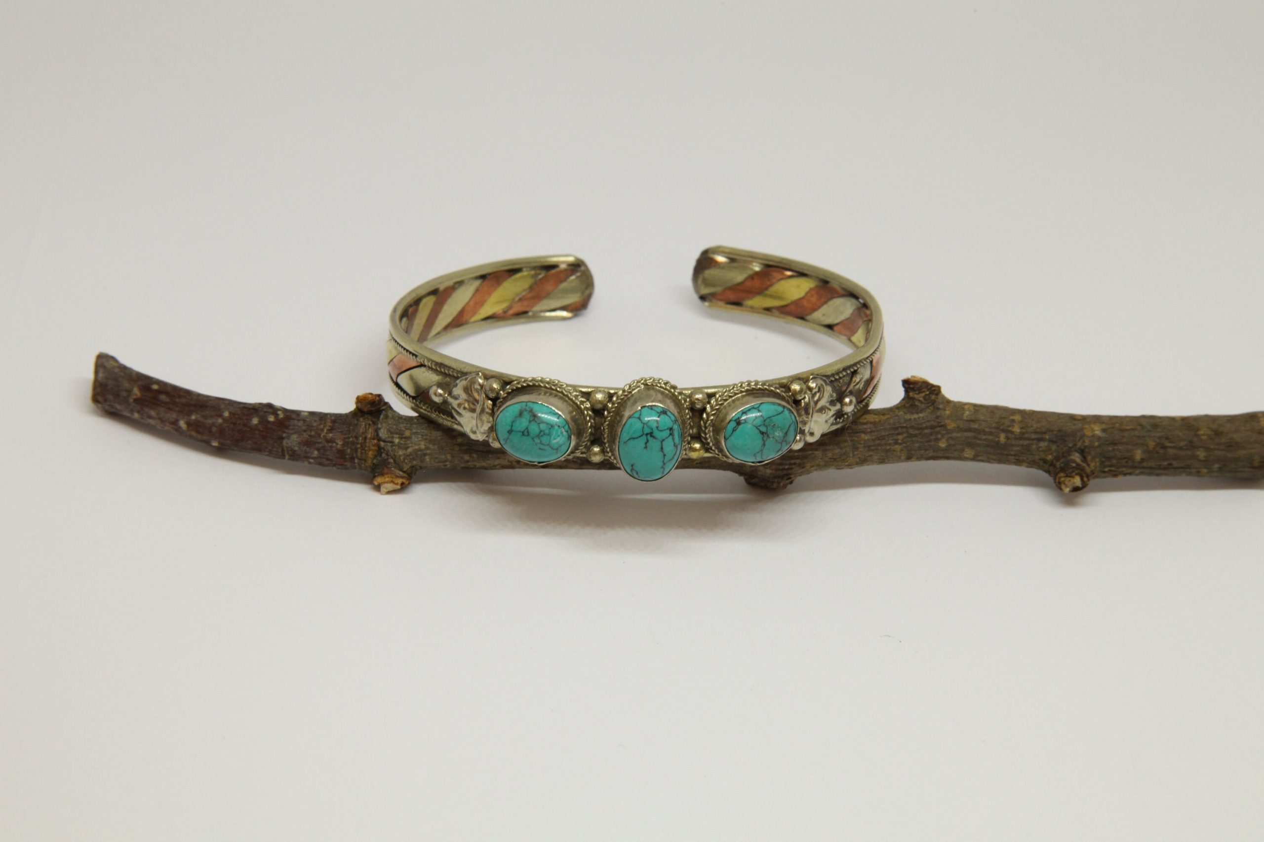 Mixed Metal Turquoise Bracelet Bangle, Nepalese Bracelet, Tribal Ethnic Open Cuff Bracelet, Boho Rustic Style, Gift for Her